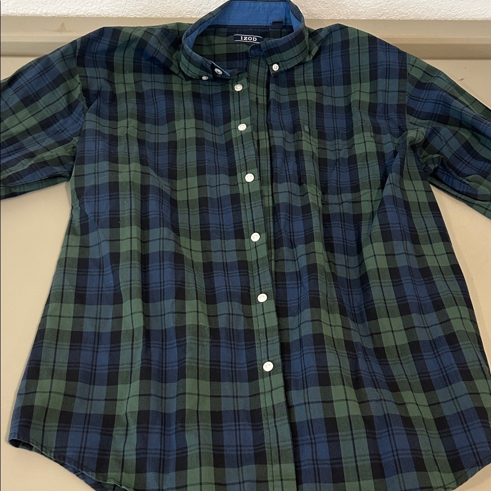 Izod Men's Blue and Green Plaid Shirt